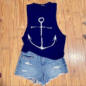 Nautical Raw-Edge Navy Muscle Tank Top